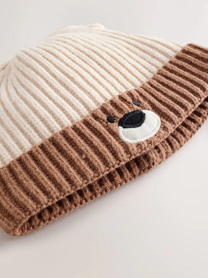 Brown Bear Face Ribbed Baby Beanie Hat (0mths-2yrs)