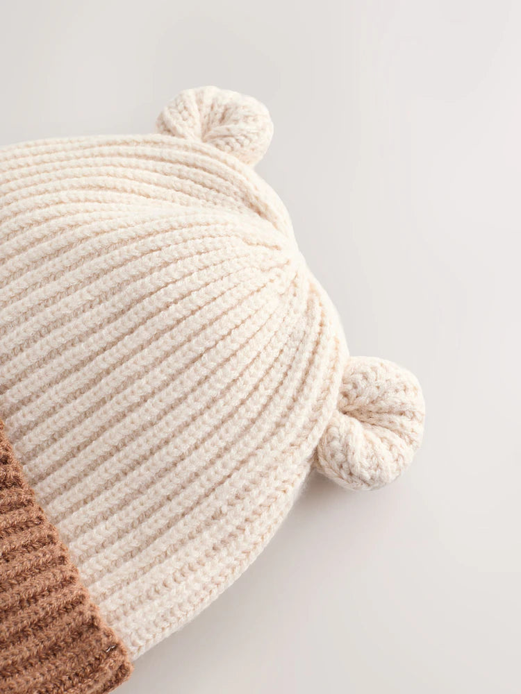 Brown Bear Face Ribbed Baby Beanie Hat (0mths-2yrs)