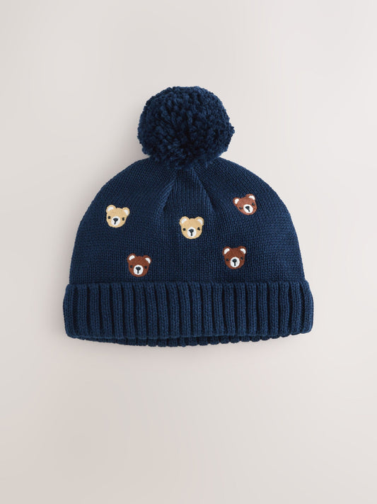 Navy Bear All Over Embroidered Baby Hamish and Friends Knitted Hat (0mths-2yrs) image 1