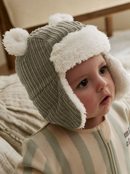 Sage Green Cord Baby Trapper Hat (0mths-2yrs) image 1