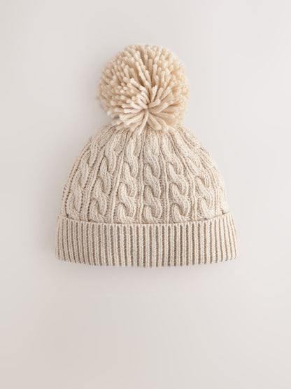 Cream Knitted Cable Pom Beanie image 3