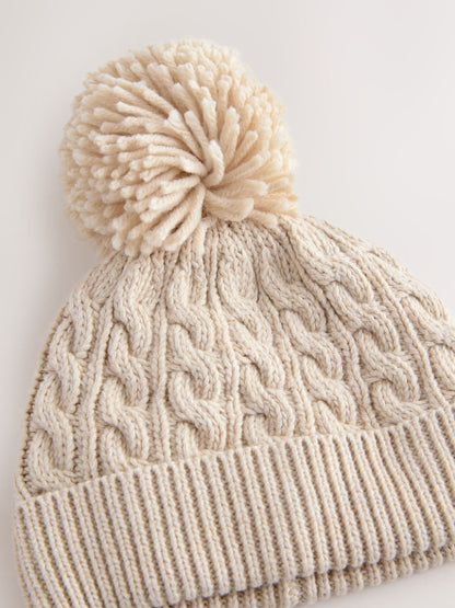 Cream Knitted Cable Pom Beanie
