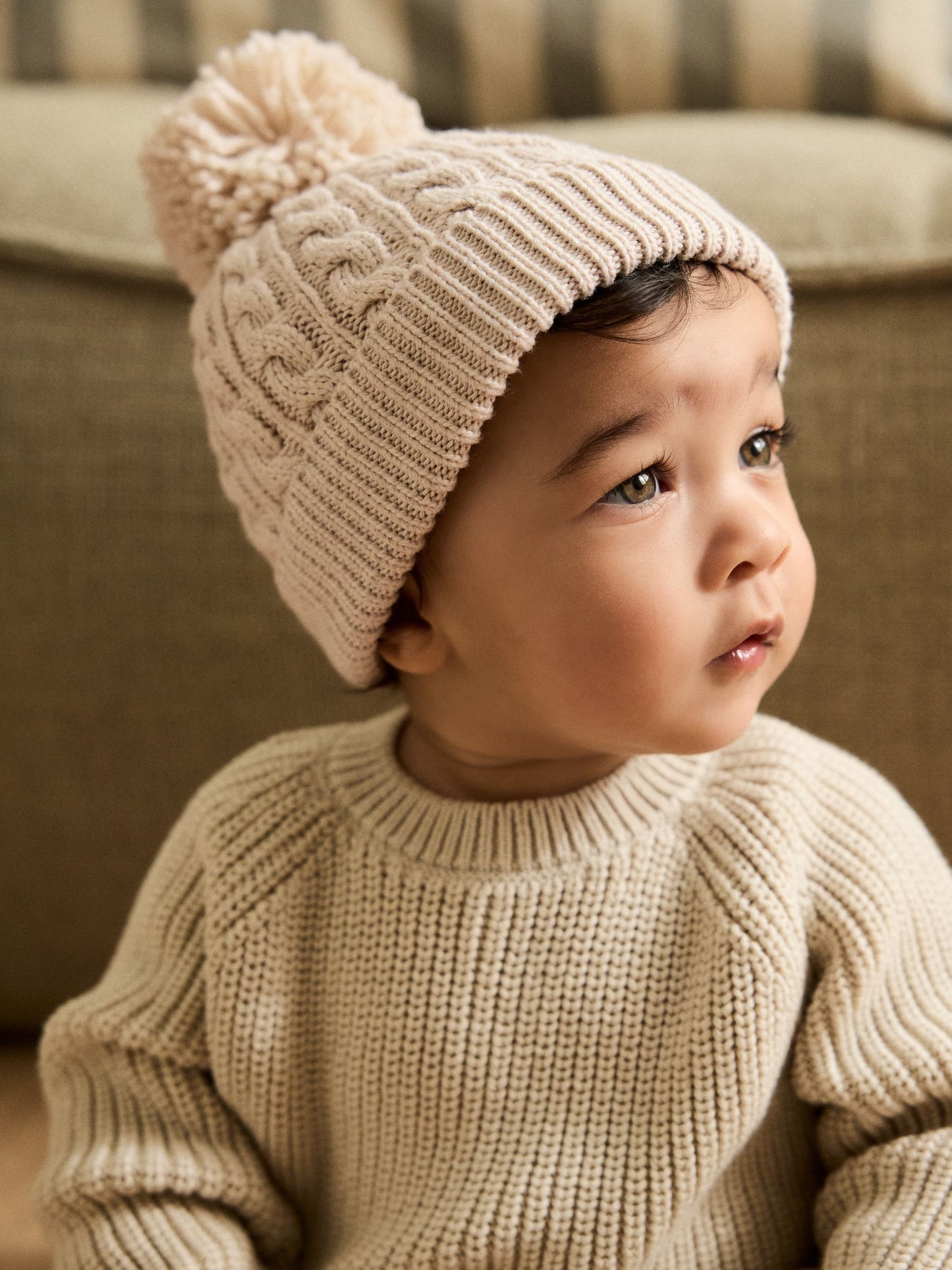 Cream Knitted Cable Pom Beanie image 1