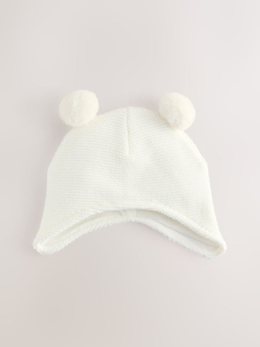 White Knitted Double Pom Baby Trapper Hat image 1