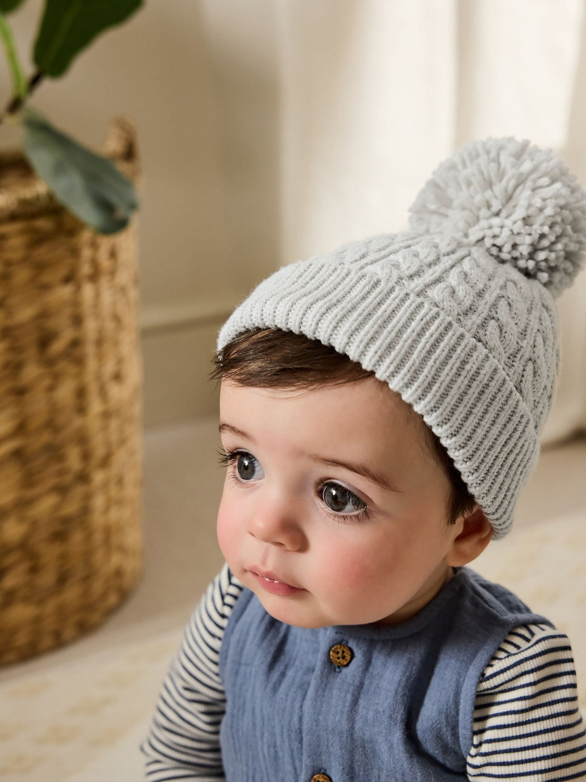 Grey Knitted Cable Pom Beanie - image 1