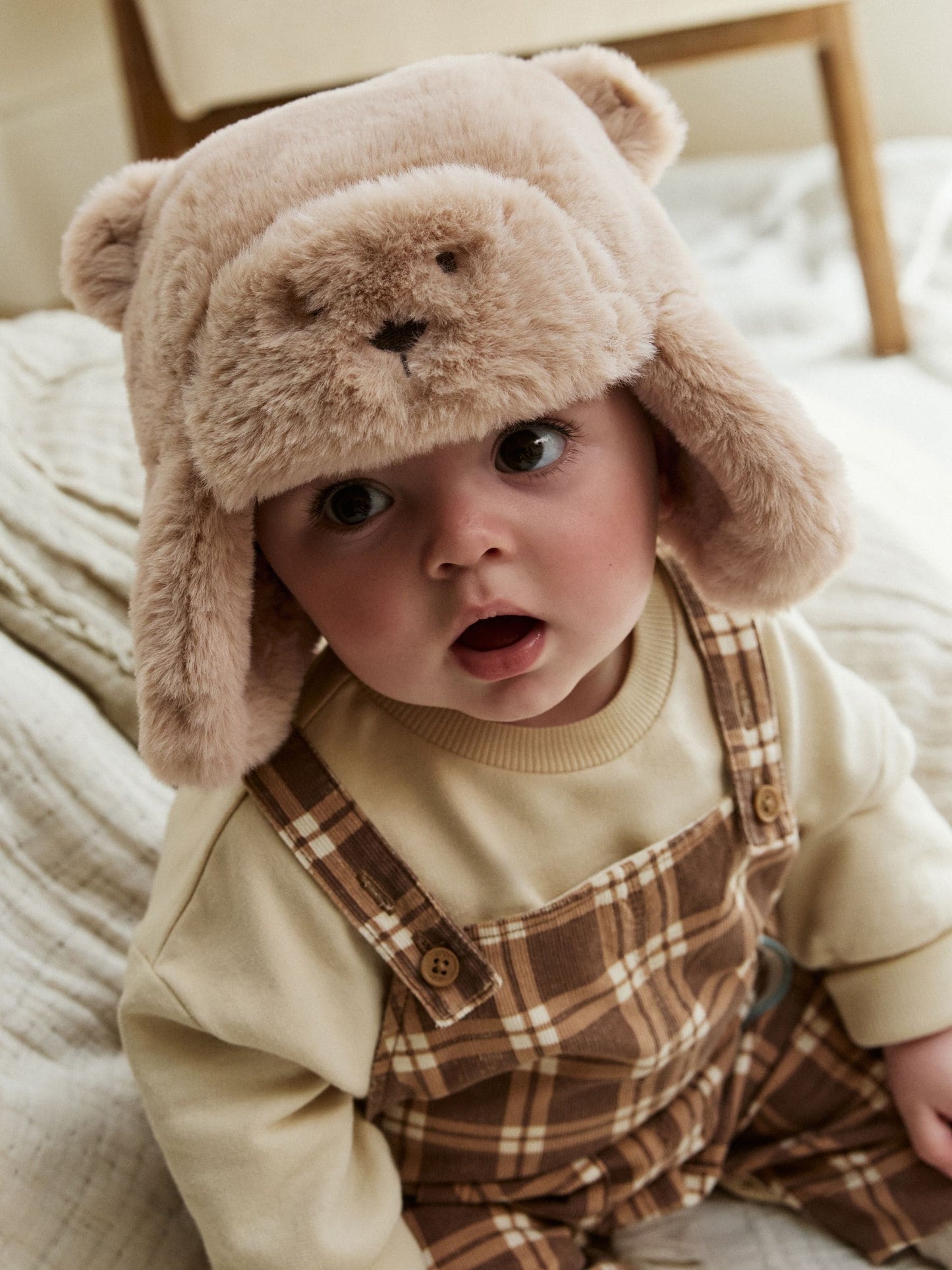 Beige Faux Fur Bear Faced Baby Trapper Hat