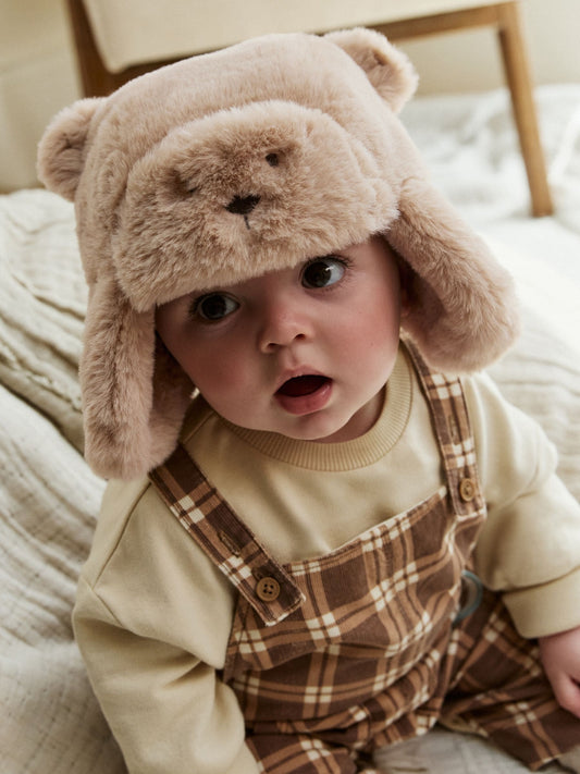 Beige Faux Fur Bear Faced Baby Trapper Hat
