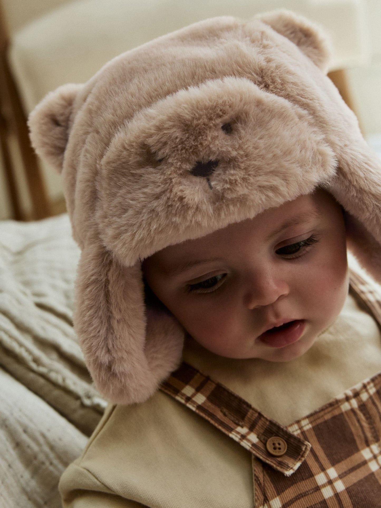Beige Faux Fur Bear Faced Baby Trapper Hat