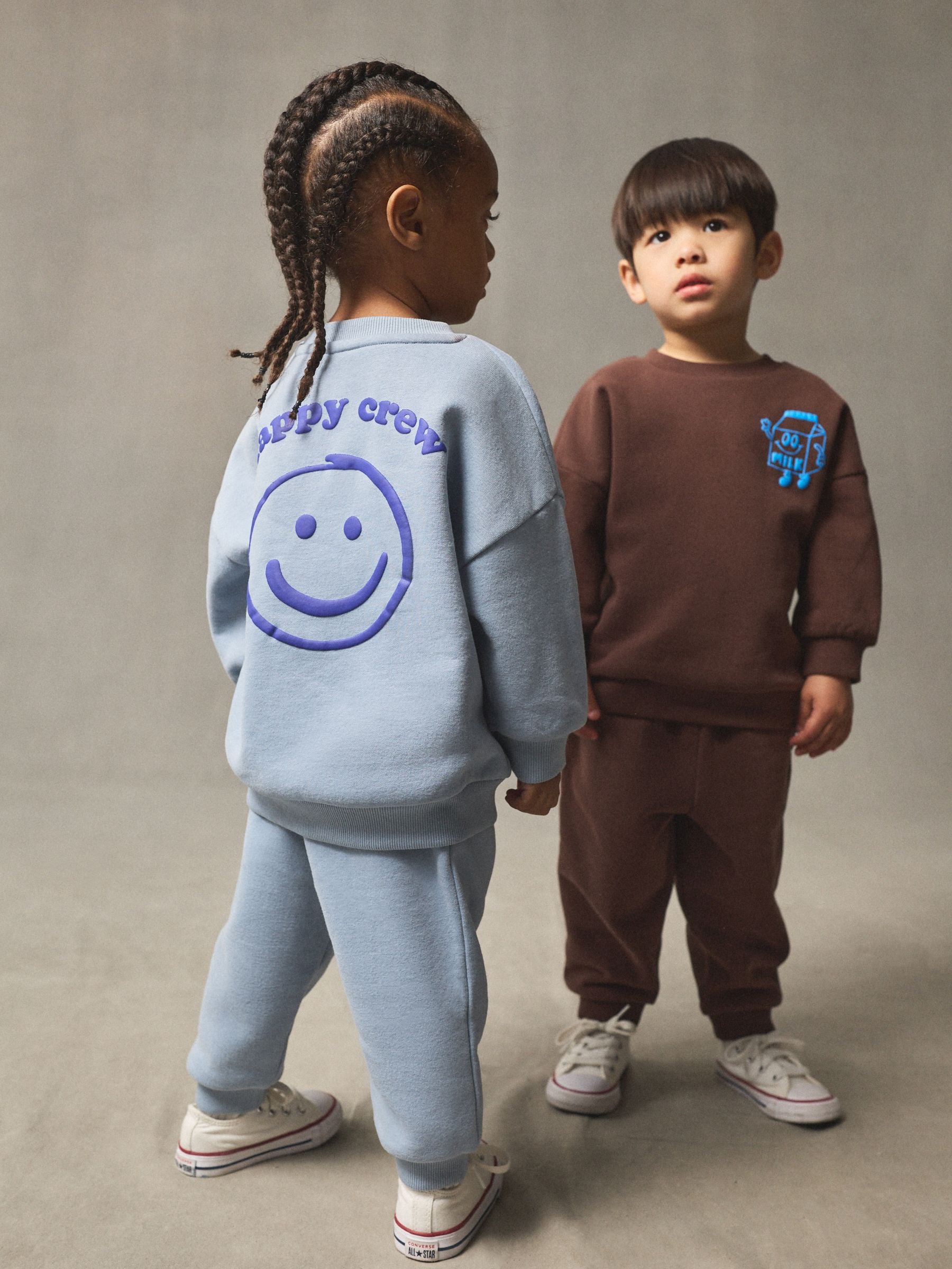 Chocolate Brown and Blue 2 Pack Printed Crew Neck Sweat Top & Joggers Set (3mths-7yrs) image 1