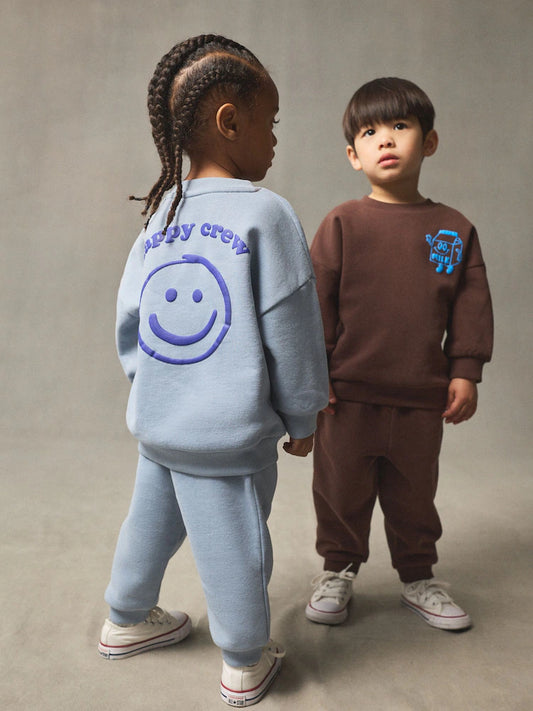 Chocolate Brown and Blue 2 Pack Printed Crew Neck Sweat