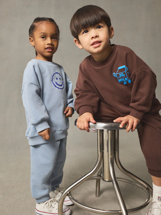 Chocolate Brown and Blue 2 Pack Printed Crew Neck Sweat