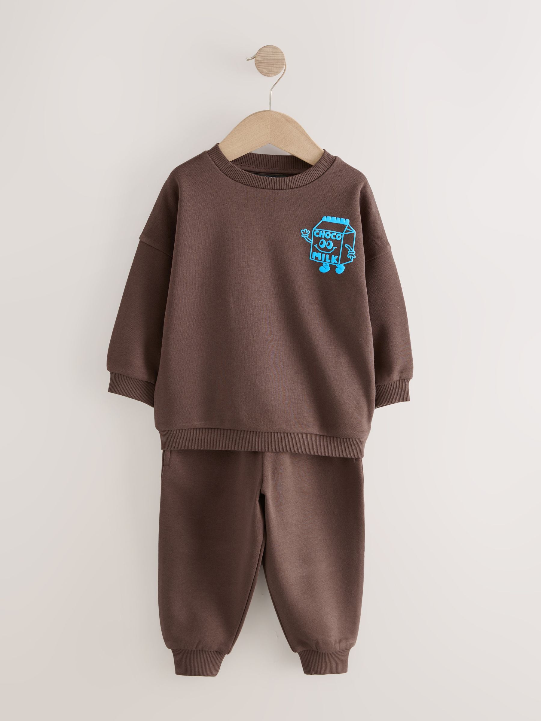 Chocolate Brown and Blue 2 Pack Printed Crew Neck Sweat Top & Joggers Set (3mths-7yrs) image 7