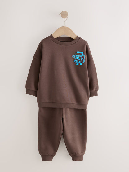 Chocolate Brown and Blue 2 Pack Printed Crew Neck Sweat Top & Joggers Set (3mths-7yrs) image 7