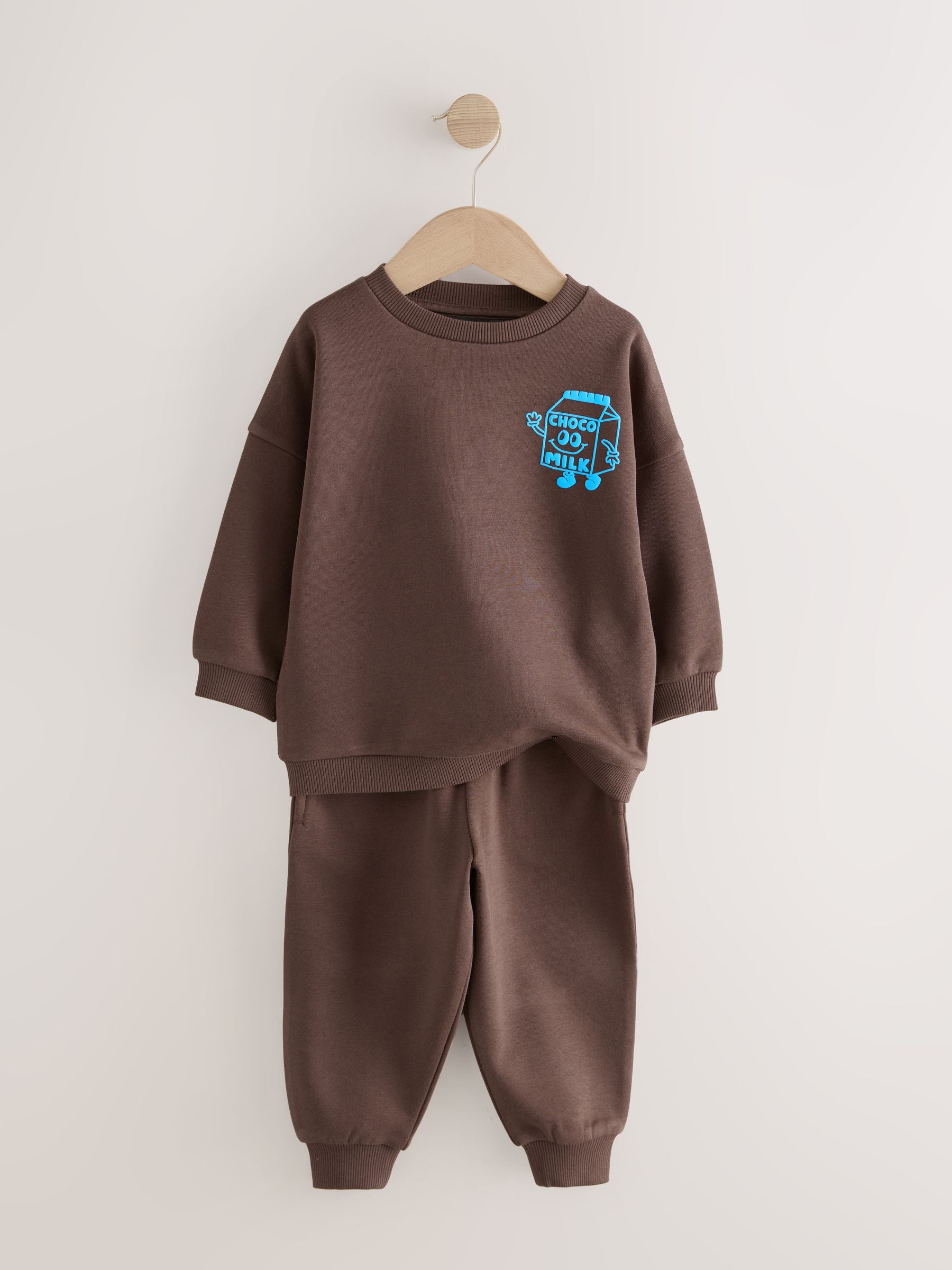 Chocolate Brown and Blue 2 Pack Printed Crew Neck Sweat Top & Joggers Set (3mths-7yrs) image 8