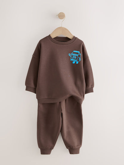 Chocolate Brown and Blue 2 Pack Printed Crew Neck Sweat Top & Joggers Set (3mths-7yrs) image 8