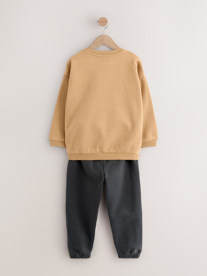 Tan/Ecru/Charcoal Grey 2 Pack Sweatshirt and Joggers Set (3mths-7yrs) image 4