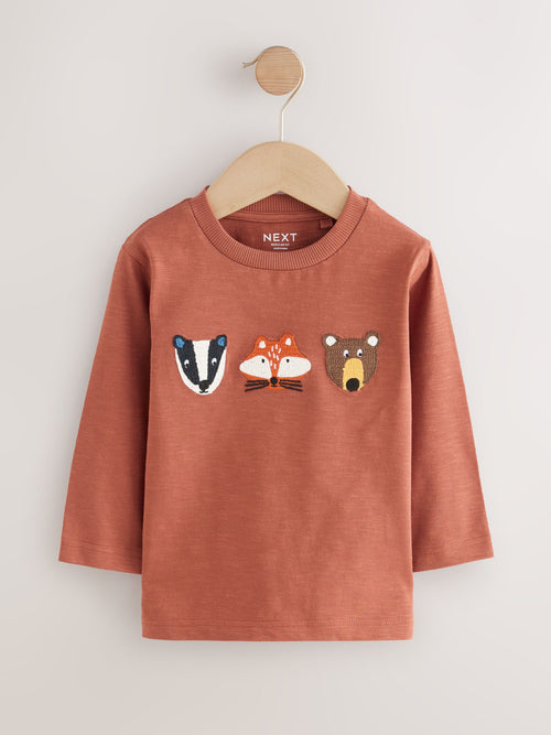 Rust Brown Woodland Animals Long Sleeve Appliqué T-Shirt (3mths-7yrs) image 1