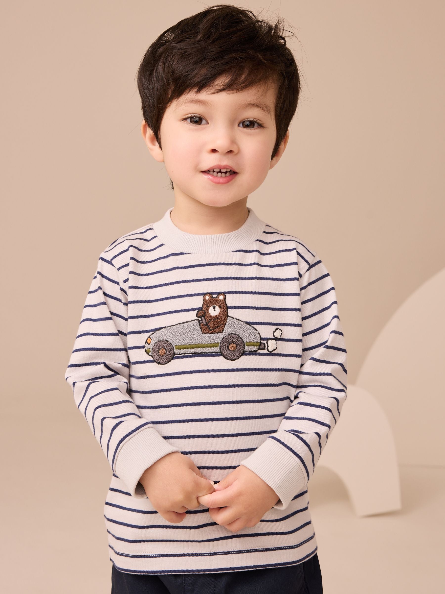 Dsiney Kidz - White/Blue Stripe Bear Car Long Sleeve Appliqué T-Shirt (3mths-7yrs) image 1