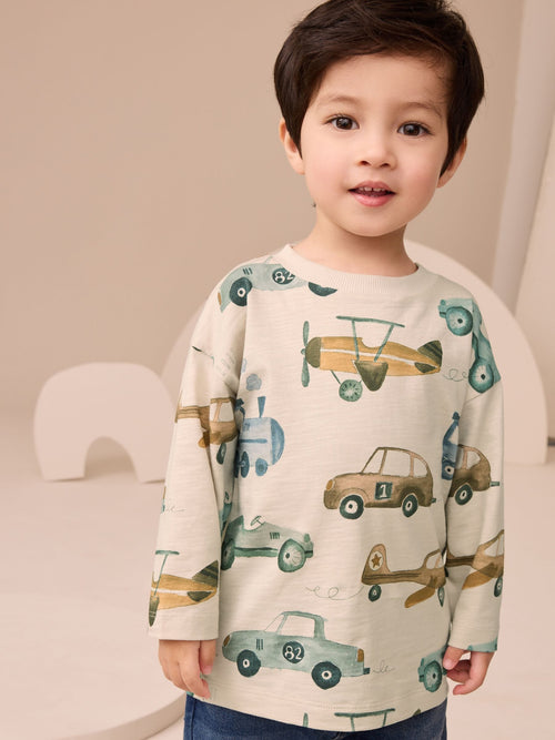 White Transport 100% Cotton Long Sleeve All-Over Print T-Shirt (3mths-7yrs) image 1