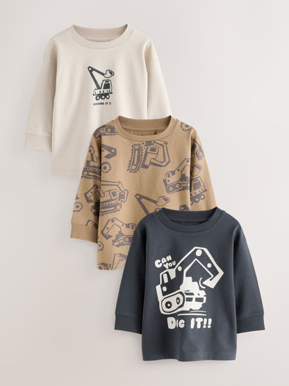 Dsiney Kidz - Black/Brown Digger Long Sleeve Graphic Print T-Shirts 3 Pack (3mths-7yrs) image 1