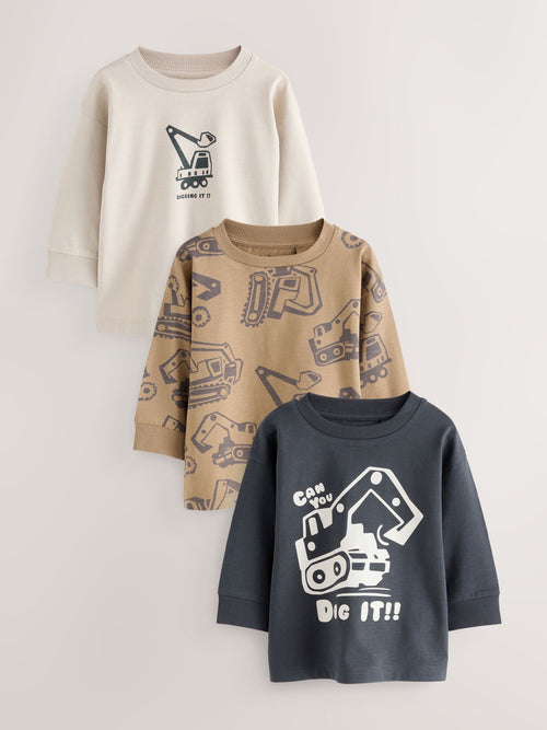 Dsiney Kidz - Black/Brown Digger Long Sleeve Graphic Print T-Shirts 3 Pack (3mths-7yrs) image 1