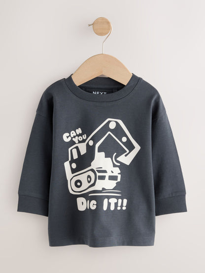 Dsiney Kidz - Black/Brown Digger Long Sleeve Graphic Print T-Shirts 3 Pack (3mths-7yrs) image 2