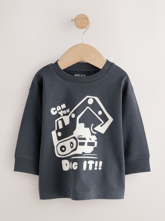 Dsiney Kidz - Black/Brown Digger Long Sleeve Graphic Print T-Shirts 3 Pack (3mths-7yrs) image 2