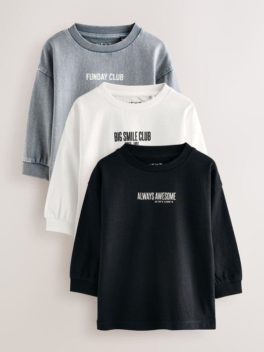 Black/Grey/White Slogan Long Sleeve Graphic Print T-Shirts 3 Pack (3mths-7yrs) image 1