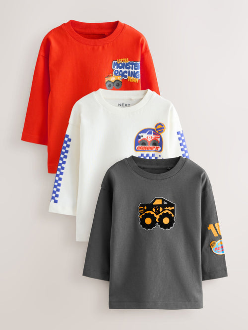 Red Monster Trucks Long Sleeve Graphic Print T-Shirts 3 Pack (3mths-7yrs) image 1
