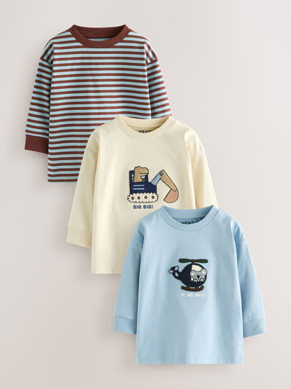 Blue/Ecru Animal Transport Long Sleeve Appliqué T-Shirts 3 Pack (3mths-7yrs) image 1