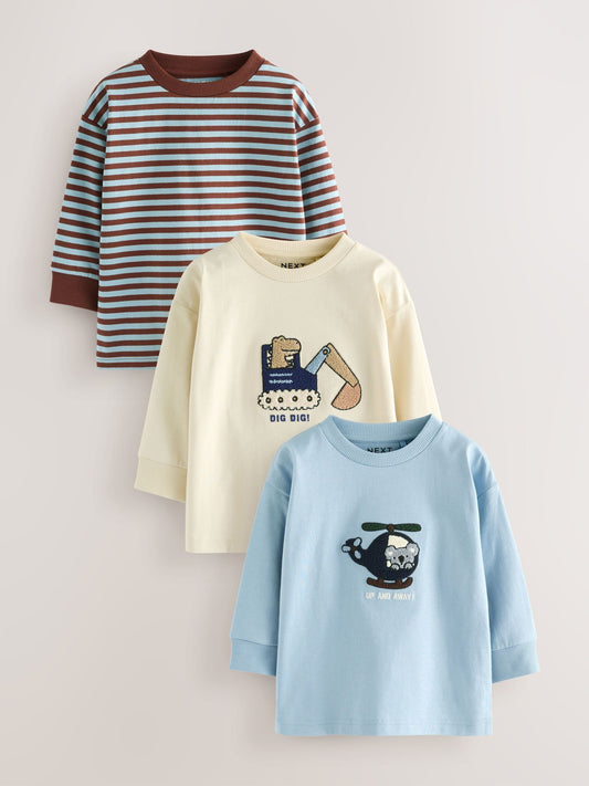Blue/Ecru Animal Transport Long Sleeve Appliqué T-Shirts 3 Pack (3mths-7yrs) image 1