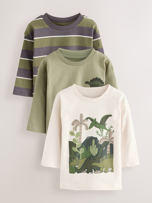 Green Dinosaur Long Sleeve Graphic Print T-Shirts 3 Pack (3mths-7yrs) image 1