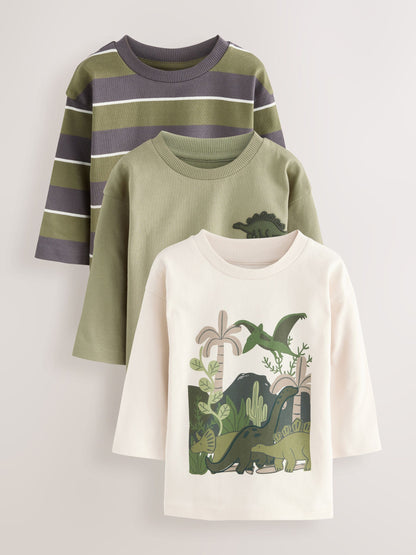 Green Dinosaur Long Sleeve Graphic Print T-Shirts 3 Pack (3mths-7yrs) image 1