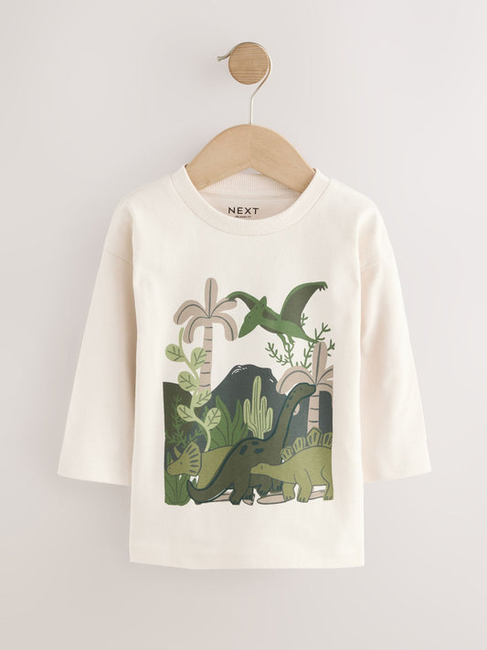 Green Dinosaur Long Sleeve Graphic Print T-Shirts 3 Pack (3mths-7yrs) image 2