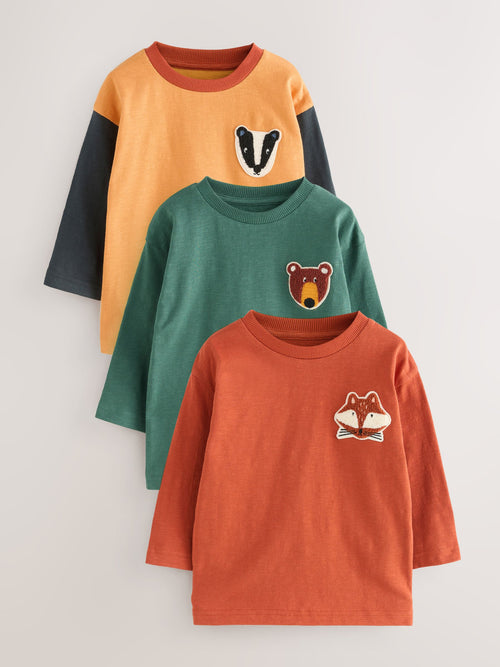 Ochre Yellow Woodland Long Sleeve Appliqué T-Shirts 3 Pack (3mths-7yrs) image 1