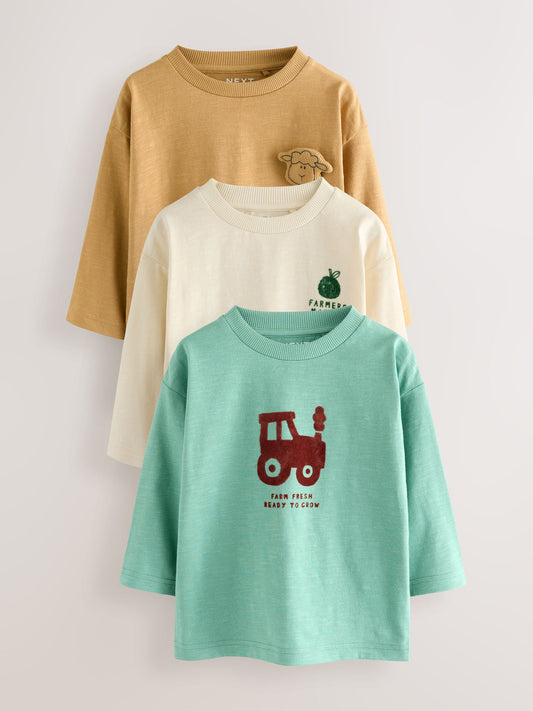 Blue/Brown Farm Long Sleeve Graphic Print T-Shirts 3 Pack (3mths-7yrs) image 1