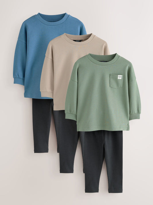 Blue/Stone/Green Long Sleeve Top and Leggings Set 3 Pack (3mths-7yrs) image 1