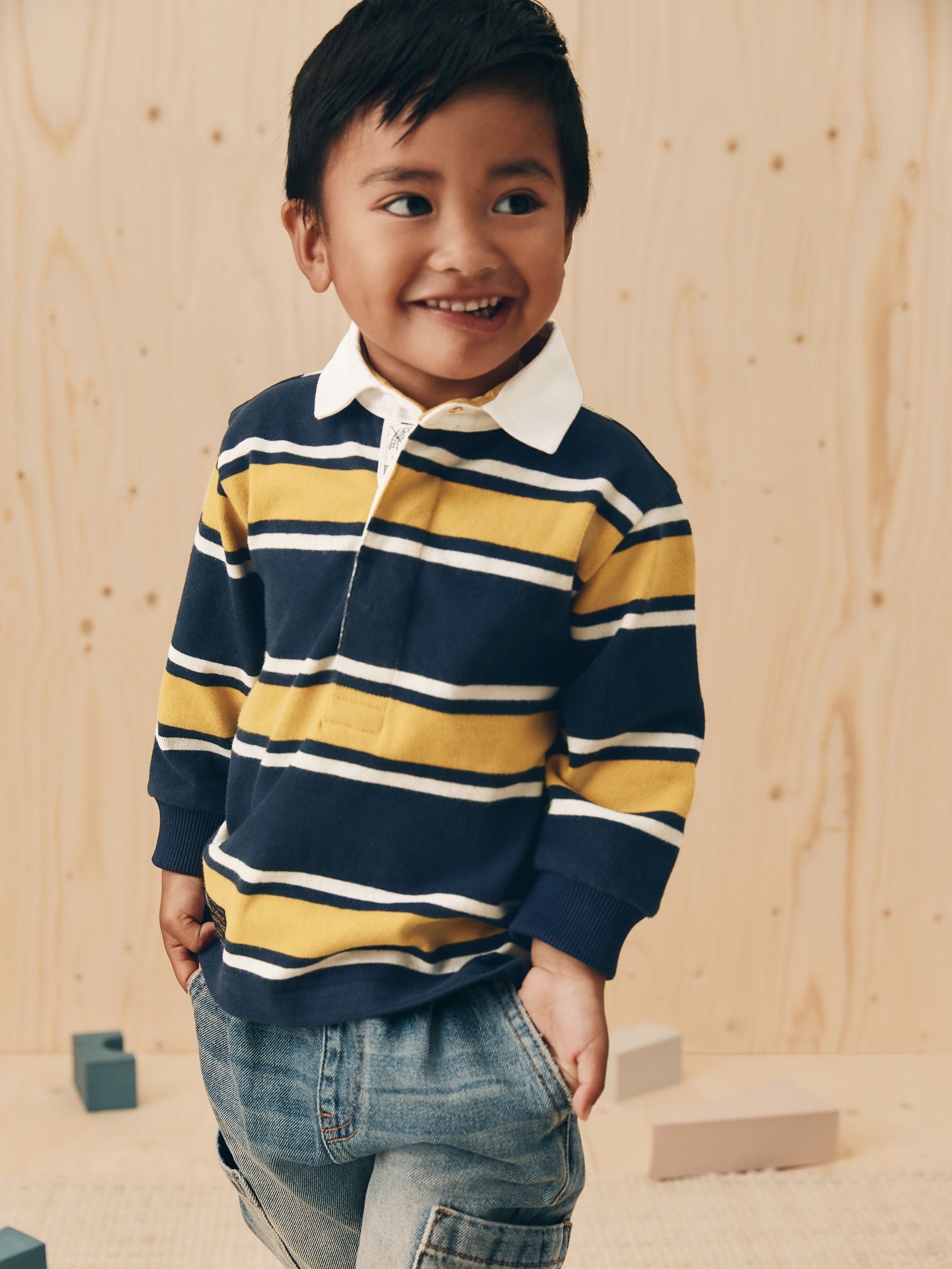 Dsiney Kidz - Navy/Yellow Striped Long Sleeve Rugby Polo Shirt (3mths-7yrs) image 1
