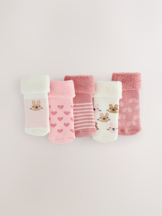 Pink Baby Roll Top Towelling Socks 5 Pack (0mths-2yrs) image 1