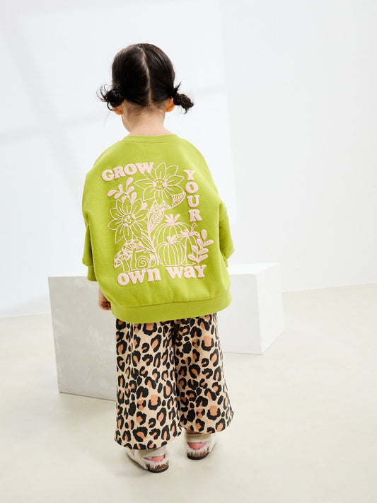 Green Leopard Print Sweatshirt & Wide Leg Trousers Set (3mths-7yrs) image 1