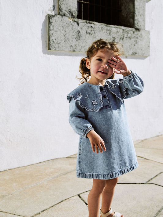 Light Blue Denim Embroidered Collar Dress (3mths-8yrs)