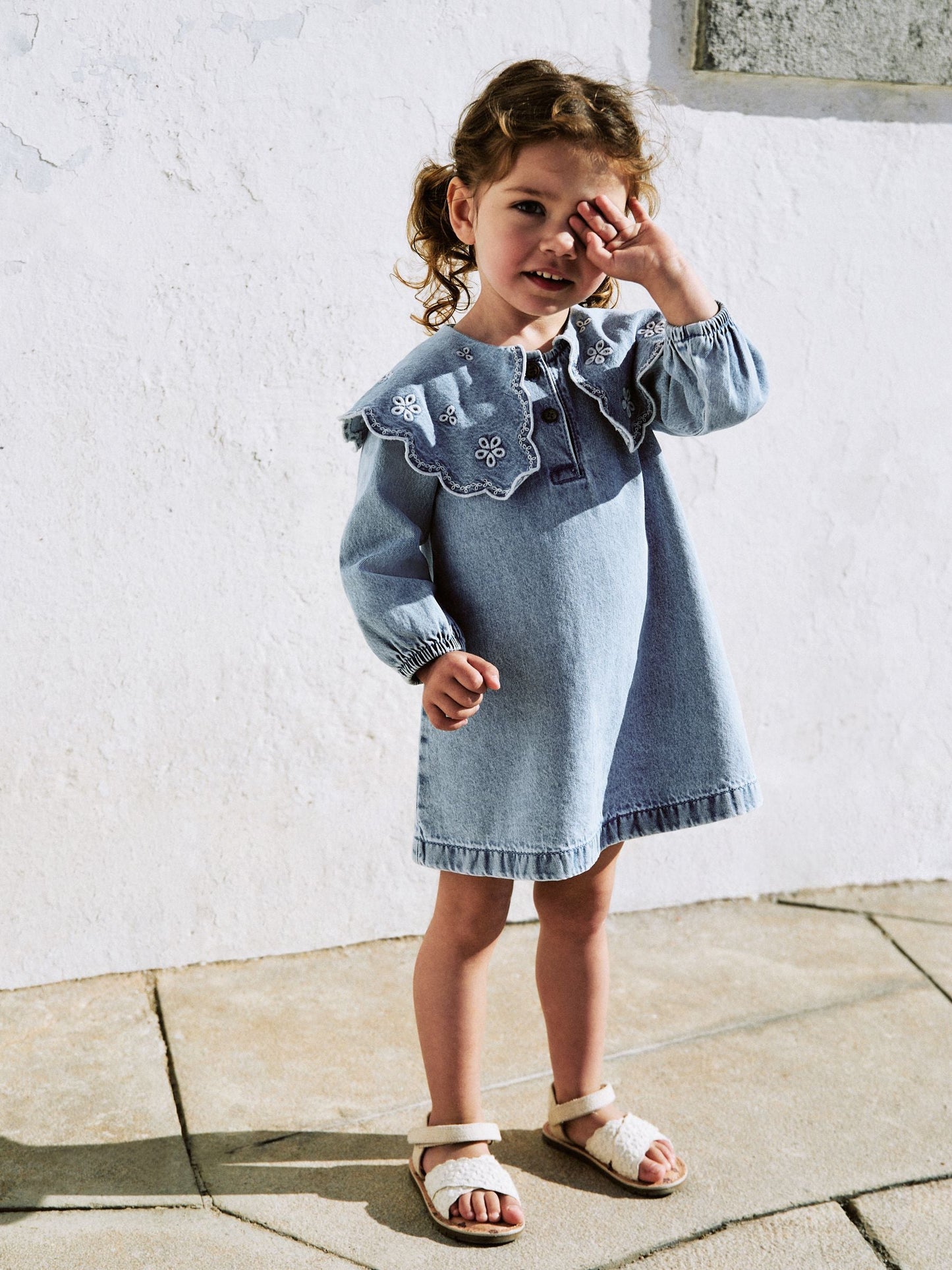 Light Blue Denim Embroidered Collar Dress (3mths-8yrs)