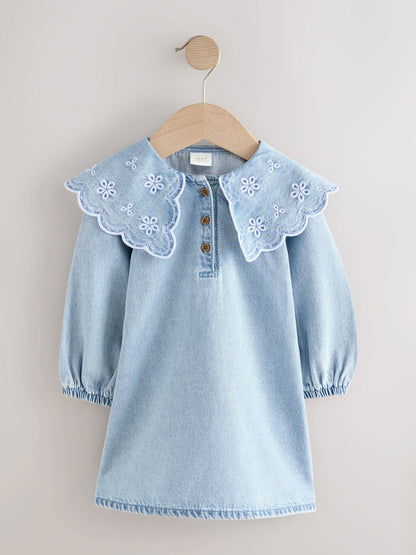 Light Blue Denim Embroidered Collar Dress (3mths-8yrs)