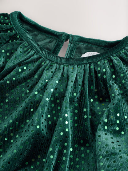 Forest Green Sequin Velvet Party Dress (3mths-8yrs) image 6
