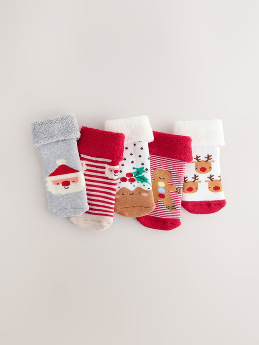 Red Baby Christmas Roll Top Socks 5 Pack (0mths-2yrs)