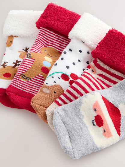 Red Baby Christmas Roll Top Socks 5 Pack (0mths-2yrs)