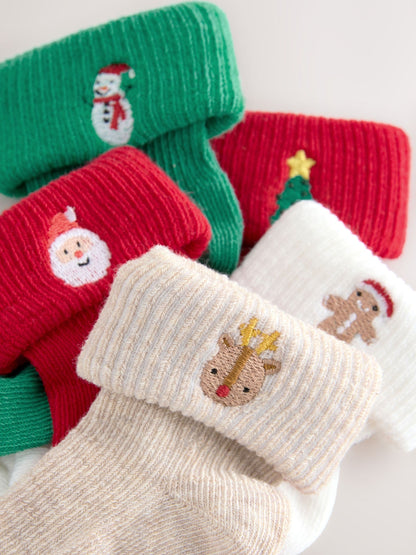 Red Baby Christmas Roll Top Socks 5 Pack (0mths-2yrs)