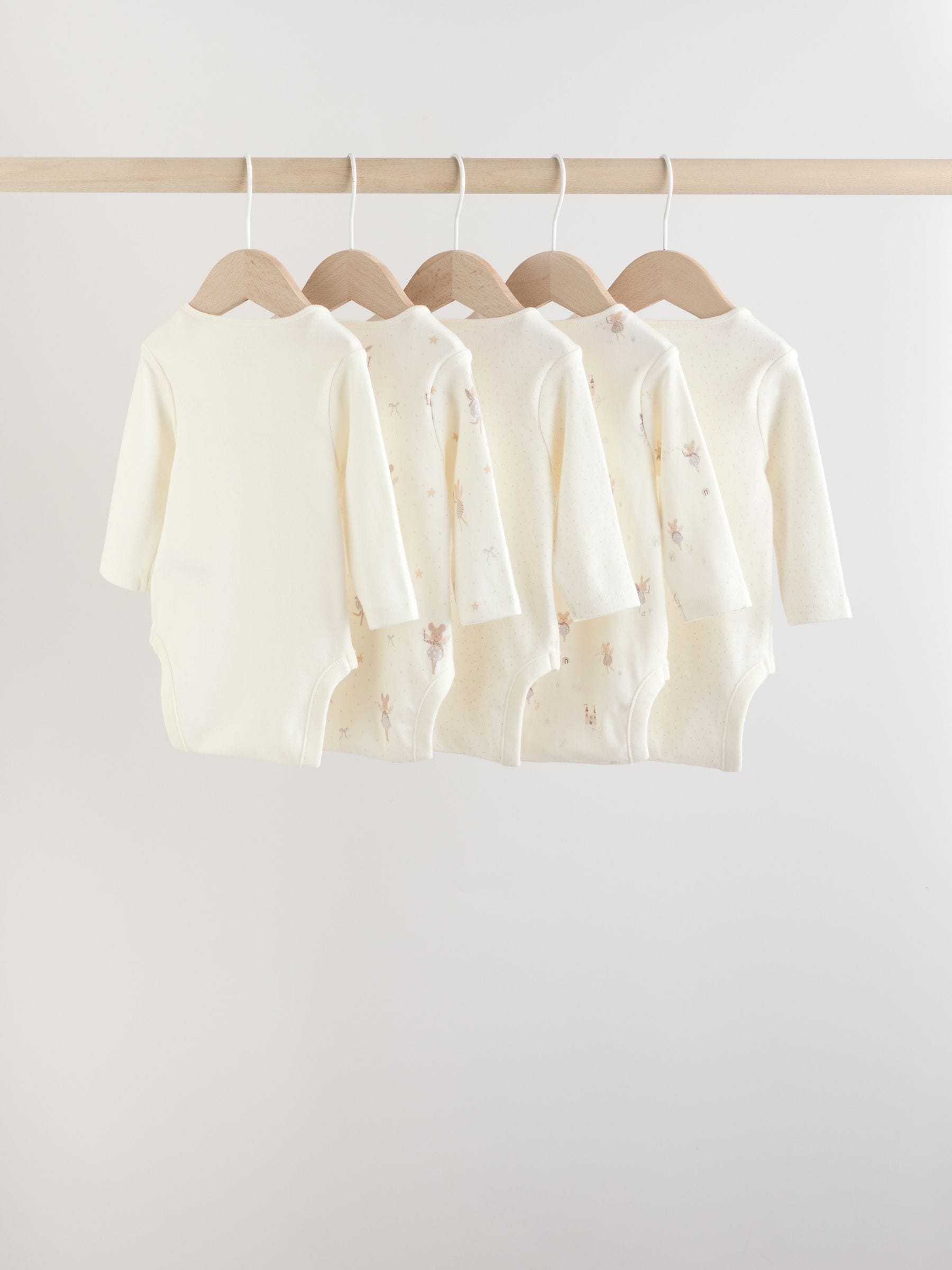 Ecru Fairy Mouse 5 Pack Long Sleeve Baby Bodysuits image 2