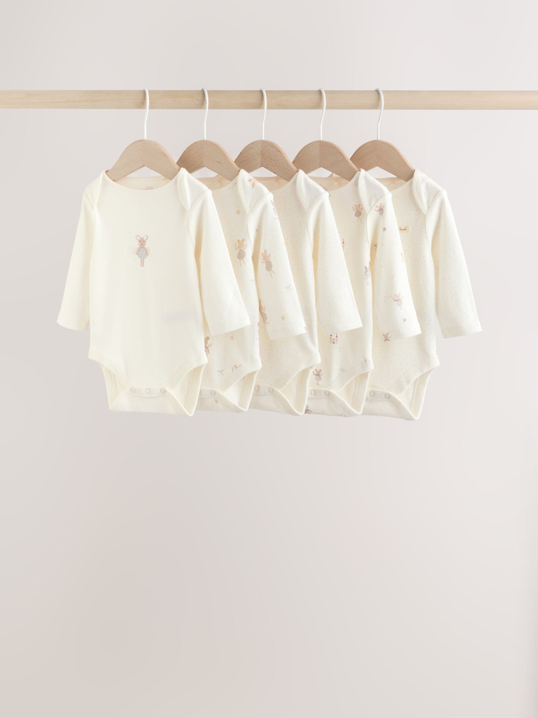 Ecru Fairy Mouse 5 Pack Long Sleeve Baby Bodysuits image 1