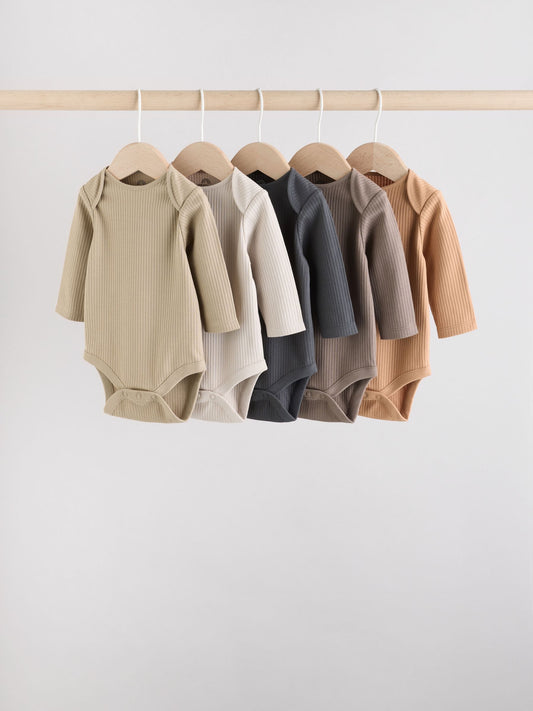 Brown Long Sleeve Baby Bodysuits 5 Pack image 1